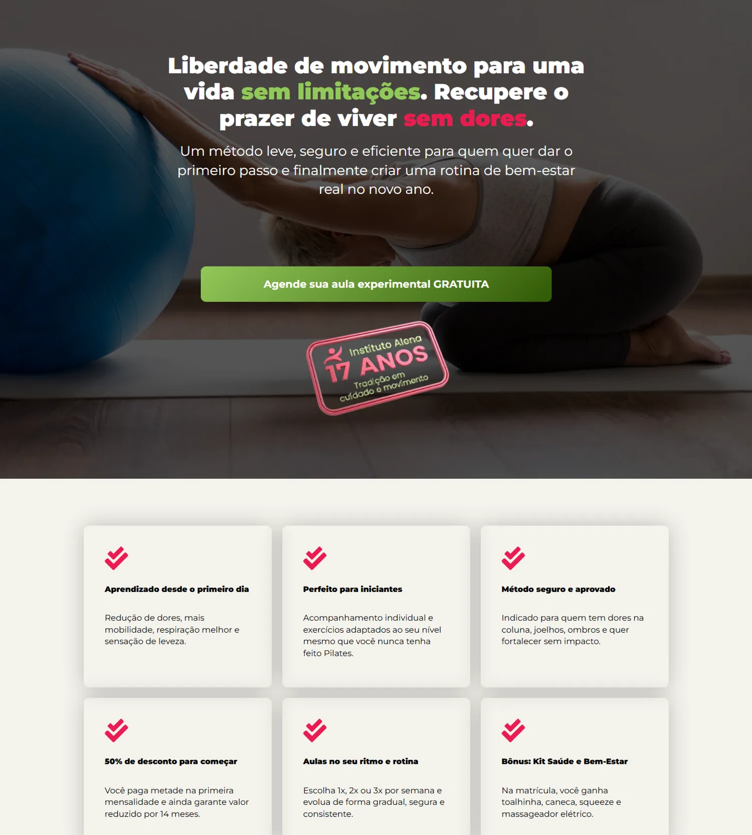 Landing page de Pilates do Instituto Alena